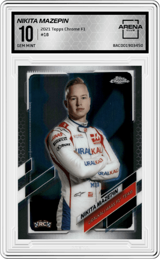Nikita Mazepin from the 2021 Topps Chrome F1  set graded by Arena Club and given an overall grade of 10.