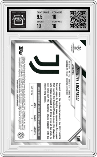 Manuel Locatelli from the 2021-22 Topps Chrome UEFA Champions League set featuring a Black/White Ray Wave Refractor  parallel graded by Arena Club and given an overall grade of 10.