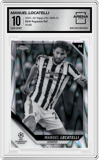 Manuel Locatelli from the 2021-22 Topps Chrome UEFA Champions League set featuring a Black/White Ray Wave Refractor  parallel graded by Arena Club and given an overall grade of 10.