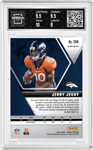 Jerry Jeudy from the 2020 Panini Mosaic set featuring a Green Mosaic parallel graded by Arena Club and given an overall grade of 9.5.