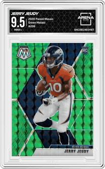Jerry Jeudy from the 2020 Panini Mosaic set featuring a Green Mosaic parallel graded by Arena Club and given an overall grade of 9.5.