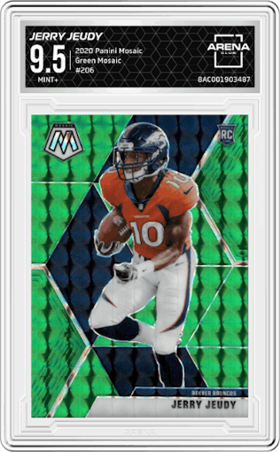 Jerry Jeudy from the 2020 Panini Mosaic set featuring a Green Mosaic parallel graded by Arena Club and given an overall grade of 9.5.