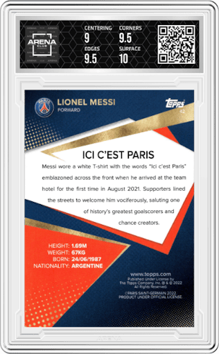 Lionel Messi from the 2021-22 Topps PSG Team Set set graded by Arena Club and given an overall grade of 9.5.