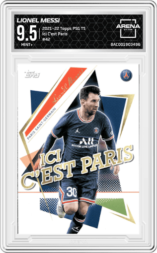 Lionel Messi from the 2021-22 Topps PSG Team Set set graded by Arena Club and given an overall grade of 9.5.