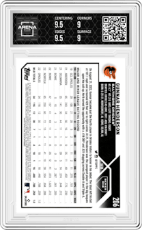 Gunnar Henderson from the 2023 Topps  set graded by Arena Club and given an overall grade of 9.5.