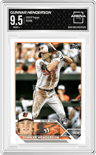 Gunnar Henderson from the 2023 Topps  set graded by Arena Club and given an overall grade of 9.5.