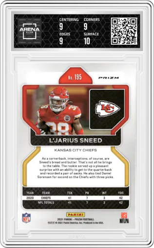 L'Jarius Sneed from the 2021 Panini Prizm set featuring a Disco Orange parallel graded by Arena Club and given an overall grade of 9.5.