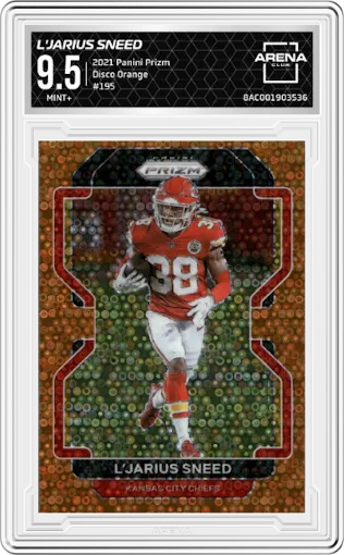 L'Jarius Sneed from the 2021 Panini Prizm set featuring a Disco Orange parallel graded by Arena Club and given an overall grade of 9.5.
