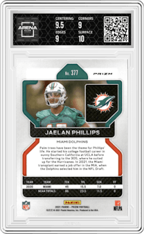 Jaelan Phillips from the 2021 Panini Prizm set featuring a Disco parallel graded by Arena Club and given an overall grade of 9.5.
