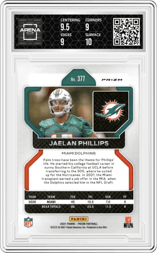 Jaelan Phillips from the 2021 Panini Prizm set featuring a Disco parallel graded by Arena Club and given an overall grade of 9.5.