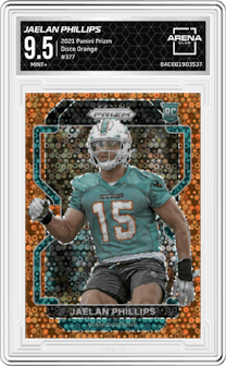 Jaelan Phillips from the 2021 Panini Prizm set featuring a Disco parallel graded by Arena Club and given an overall grade of 9.5.