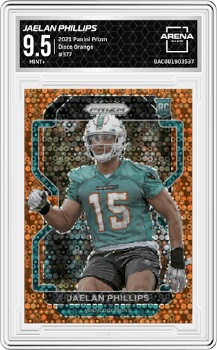 Jaelan Phillips from the 2021 Panini Prizm set featuring a Disco parallel graded by Arena Club and given an overall grade of 9.5.