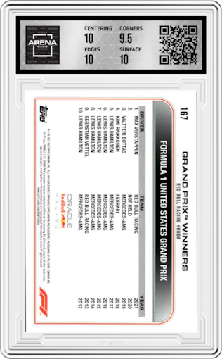 Max Verstappen from the 2022 Topps Chrome F1 set graded by Arena Club and given an overall grade of 10.