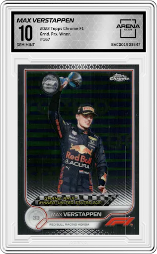 Max Verstappen from the 2022 Topps Chrome F1 set graded by Arena Club and given an overall grade of 10.