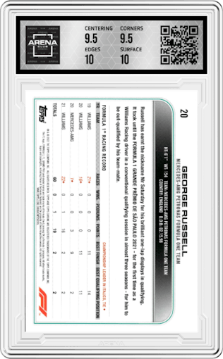 George Russell from the 2022 Topps Chrome F1 set graded by Arena Club and given an overall grade of 10.