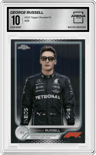 George Russell from the 2022 Topps Chrome F1 set graded by Arena Club and given an overall grade of 10.