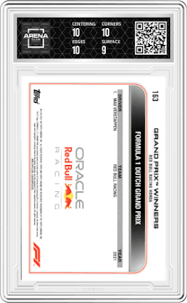Max Verstappen from the 2022 Topps Chrome F1 set graded by Arena Club and given an overall grade of 9.5.