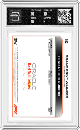 Max Verstappen from the 2022 Topps Chrome F1 set graded by Arena Club and given an overall grade of 9.5.