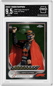Max Verstappen from the 2022 Topps Chrome F1 set graded by Arena Club and given an overall grade of 9.5.