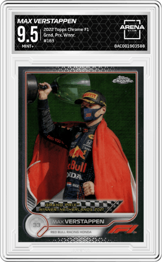 Max Verstappen from the 2022 Topps Chrome F1 set graded by Arena Club and given an overall grade of 9.5.