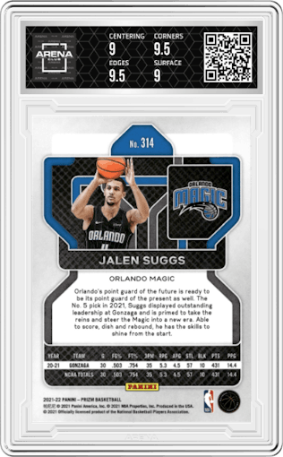 Jalen Suggs from the 2021-22 Panini Prizm  set graded by Arena Club and given an overall grade of 9.5.