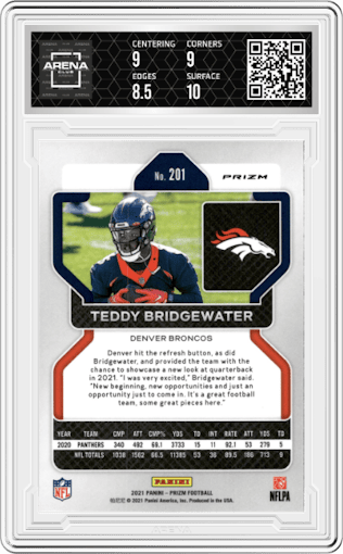 Teddy Bridgewater from the 2021 Panini Prizm set featuring a Lazer parallel graded by Arena Club and given an overall grade of 9.