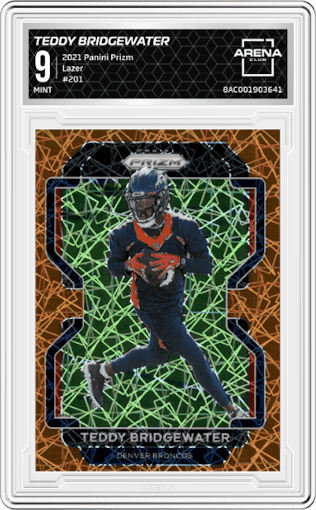 Teddy Bridgewater from the 2021 Panini Prizm set featuring a Lazer parallel graded by Arena Club and given an overall grade of 9.