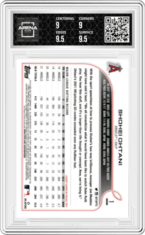 Shohei Ohtani from the 2022 Topps Chrome set graded by Arena Club and given an overall grade of 9.5.