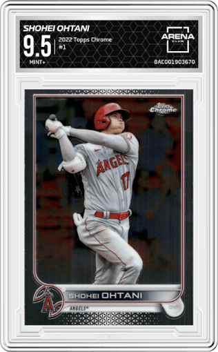 Shohei Ohtani from the 2022 Topps Chrome set graded by Arena Club and given an overall grade of 9.5.