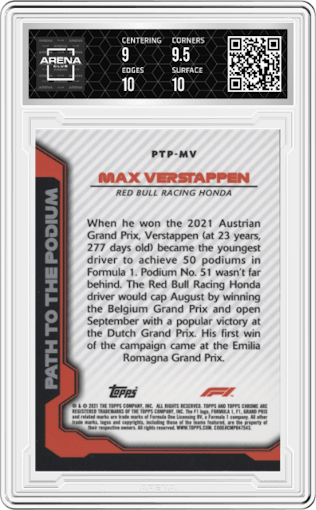 Max Verstappen from the 2021 Topps Chrome F1  set graded by Arena Club and given an overall grade of 9.5.
