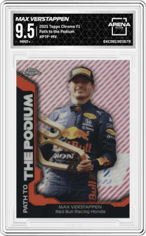 Max Verstappen from the 2021 Topps Chrome F1  set graded by Arena Club and given an overall grade of 9.5.