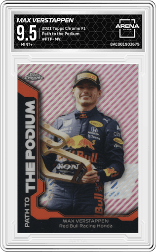 Max Verstappen from the 2021 Topps Chrome F1  set graded by Arena Club and given an overall grade of 9.5.