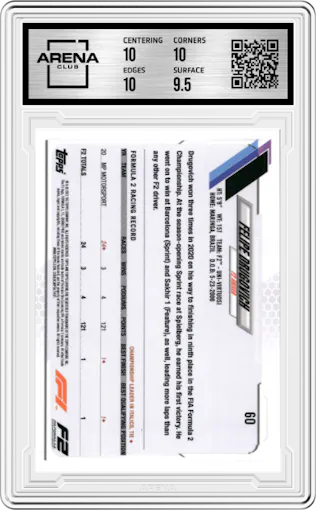 Felipe Drugovich from the 2021 Topps F1 set featuring a Checker Flag parallel graded by Arena Club and given an overall grade of 10.
