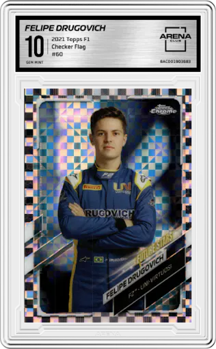 Felipe Drugovich from the 2021 Topps F1 set featuring a Checker Flag parallel graded by Arena Club and given an overall grade of 10.