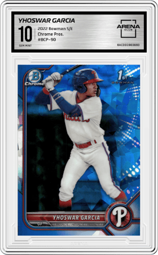Yhoswar Garcia from the 2022 Bowman Sapphire Edition set graded by Arena Club and given an overall grade of 10.