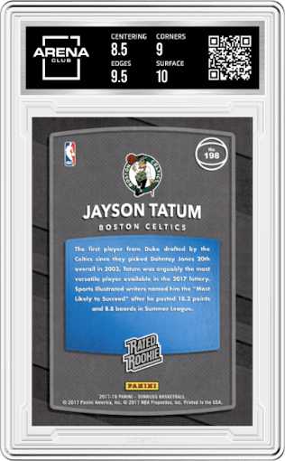 Jayson Tatum from the 2017-18 Panini Donruss set graded by Arena Club and given an overall grade of 9.