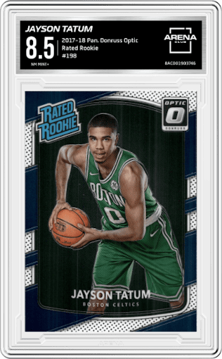 Jayson Tatum from the 2017-18 Panini Donruss Optic set graded by Arena Club and given an overall grade of 8.5.