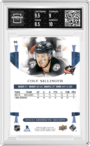 Cole Sillinger  from the 2022-23 Upper Deck Artifacts Hockey  set graded by Arena Club and given an overall grade of 9.