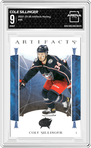 Cole Sillinger  from the 2022-23 Upper Deck Artifacts Hockey  set graded by Arena Club and given an overall grade of 9.