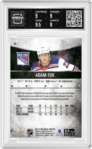 Adam Fox from the 2021-22 Skybox Metal Universe set graded by Arena Club and given an overall grade of 9.