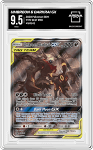 Umbreon & Darkrai GX from the 2020 Pokemon S&M set featuring a Tag Team Powers Collection parallel graded by Arena Club and given an overall grade of 9.5.