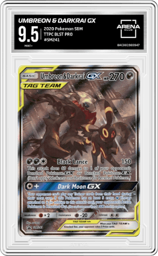 Umbreon & Darkrai GX from the 2020 Pokemon S&M set featuring a Tag Team Powers Collection parallel graded by Arena Club and given an overall grade of 9.5.