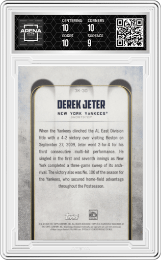 Derek Jeter from the 2020 Topps Transcendent The Captain’s Collection set graded by Arena Club and given an overall grade of 9.5.
