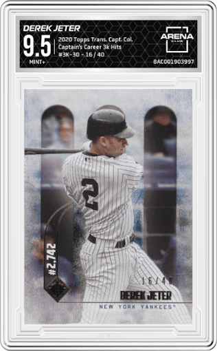 Derek Jeter from the 2020 Topps Transcendent The Captain’s Collection set graded by Arena Club and given an overall grade of 9.5.