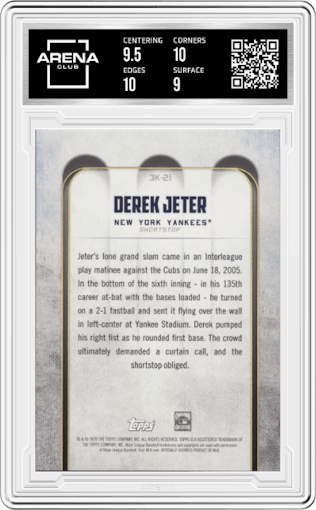 Derek Jeter from the 2020 Topps Transcendent The Captain’s Collection set graded by Arena Club and given an overall grade of 9.5.