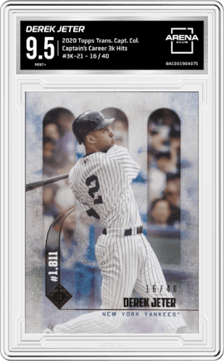 Derek Jeter from the 2020 Topps Transcendent The Captain’s Collection set graded by Arena Club and given an overall grade of 9.5.
