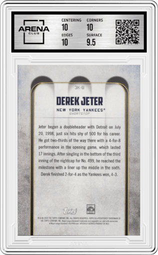 Derek Jeter from the 2020 Topps Transcendent The Captain’s Collection set graded by Arena Club and given an overall grade of 10.
