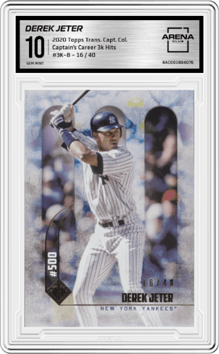 Derek Jeter from the 2020 Topps Transcendent The Captain’s Collection set graded by Arena Club and given an overall grade of 10.