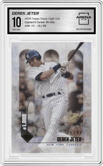 Derek Jeter from the 2020 Topps Transcendent The Captain’s Collection set graded by Arena Club and given an overall grade of 10.