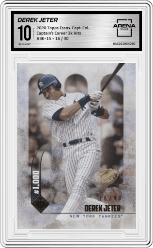 Derek Jeter from the 2020 Topps Transcendent The Captain’s Collection set graded by Arena Club and given an overall grade of 10.